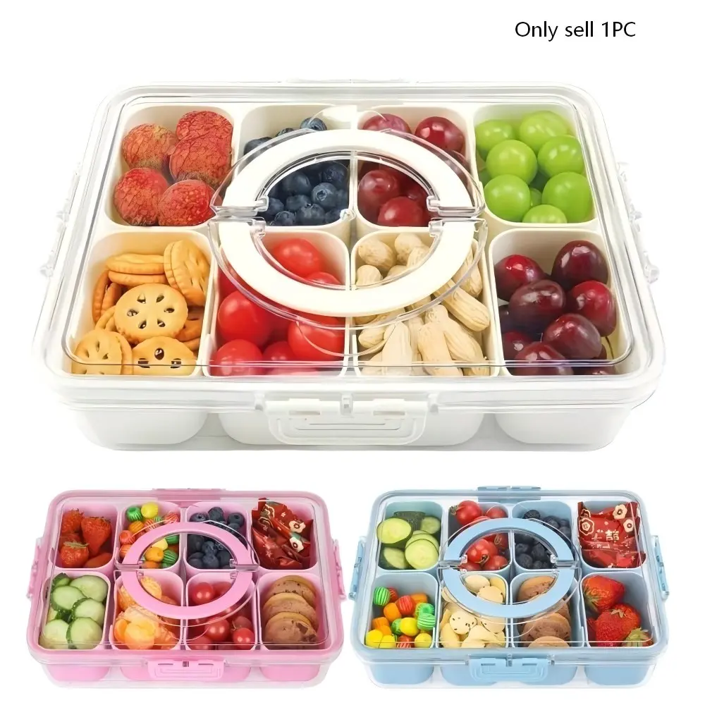 4/8 Compartment Transparent Snack Box with Lid & Handle, Plastic Kitchen Sealed Container, Portable Lightweight Food Organizer, Clear Food Storage for Lunch, Travel, Camping