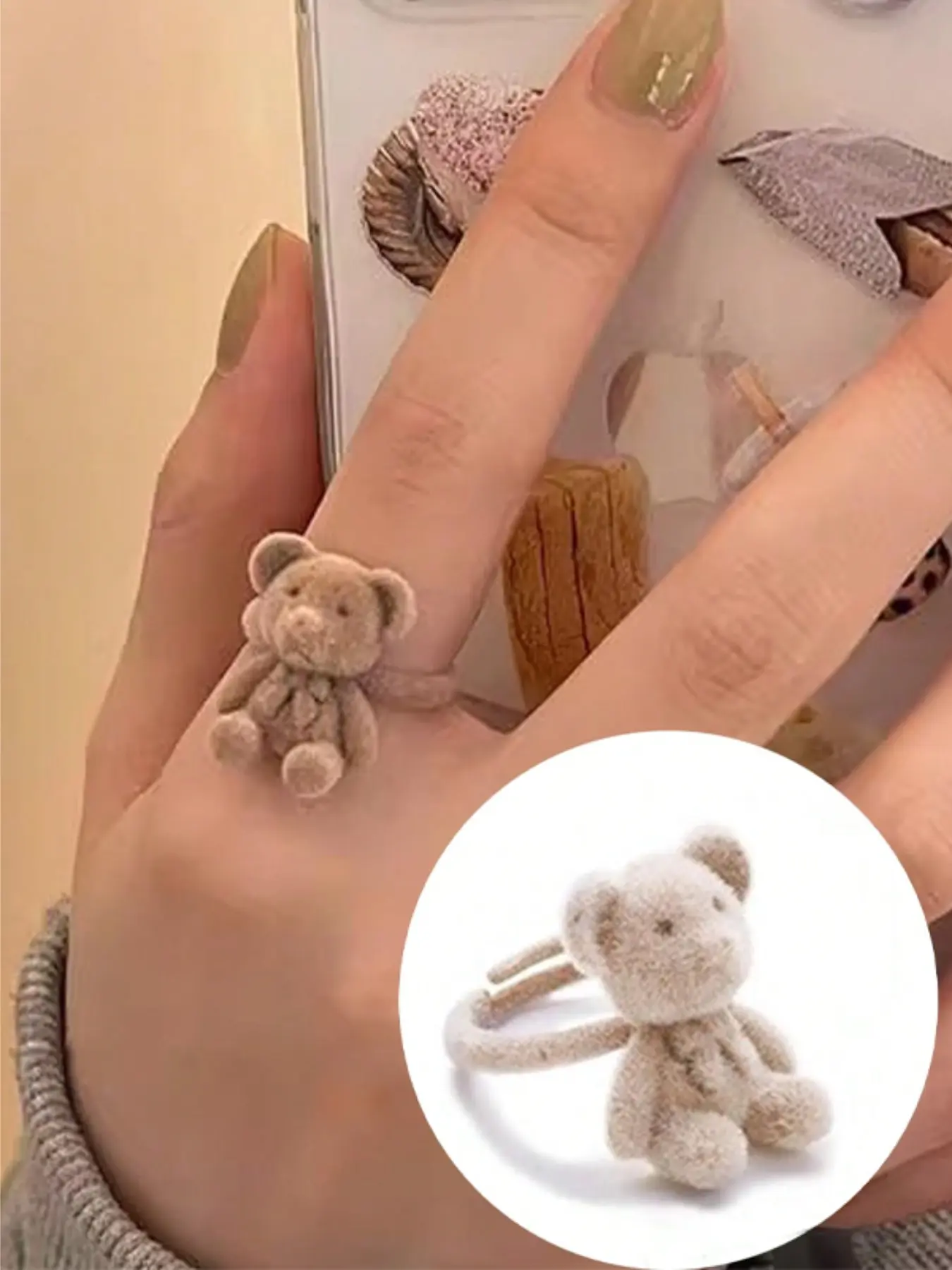Cartoon Plush Bear Ring for Women, Adjustable Open Band, Cute Animal Pattern, Perfect Gift for Friends and Girlfriends, All Seasons
