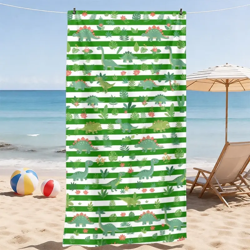 Dinosaur Striped Beach Towel, Cute Dinosaur and Plant Design, Soft and Comfortable, Ideal for Kids' Beach, Pool, Travel, Outdoor Activities