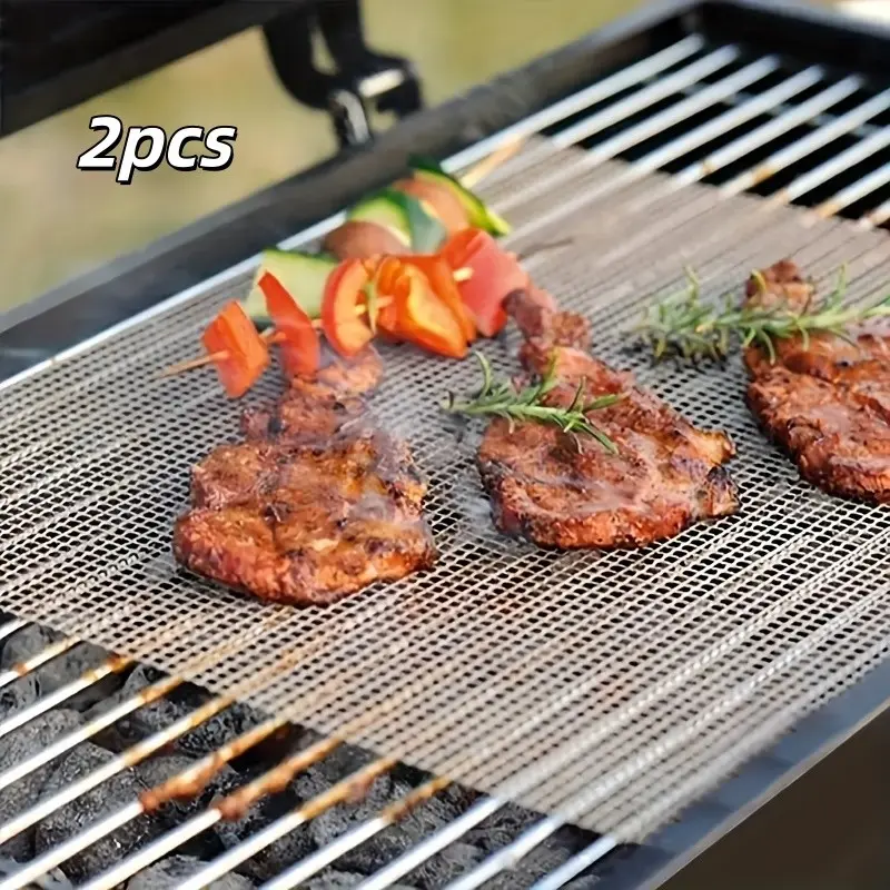 Thick High-Temperature Non-Stick BBQ Grill Mat, Outdoor Reusable Wear-Resistant Charcoal Rack Pad, 2-Piece Set for Grilling