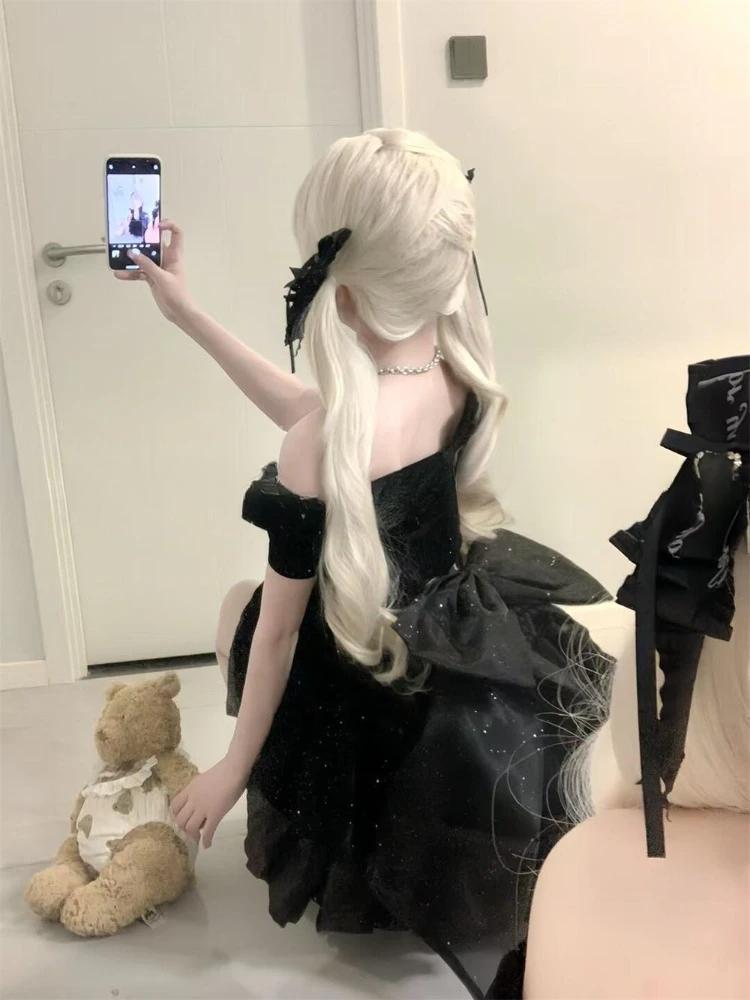 Black French Vintage One Piece Dress Woman Gothic Off Shoulder Bow Retro Mini Dress Female Fairy Birthday Party Chic Outfit 2026