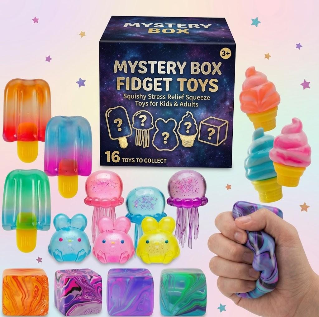 Galaxy Mystery Box Squishy Fidget Toys - 16 Collectible Soft Stress Relief Squeeze Toys for Kids & Adults (Ice Cream, Jellyfish, Bunny, Cubes)