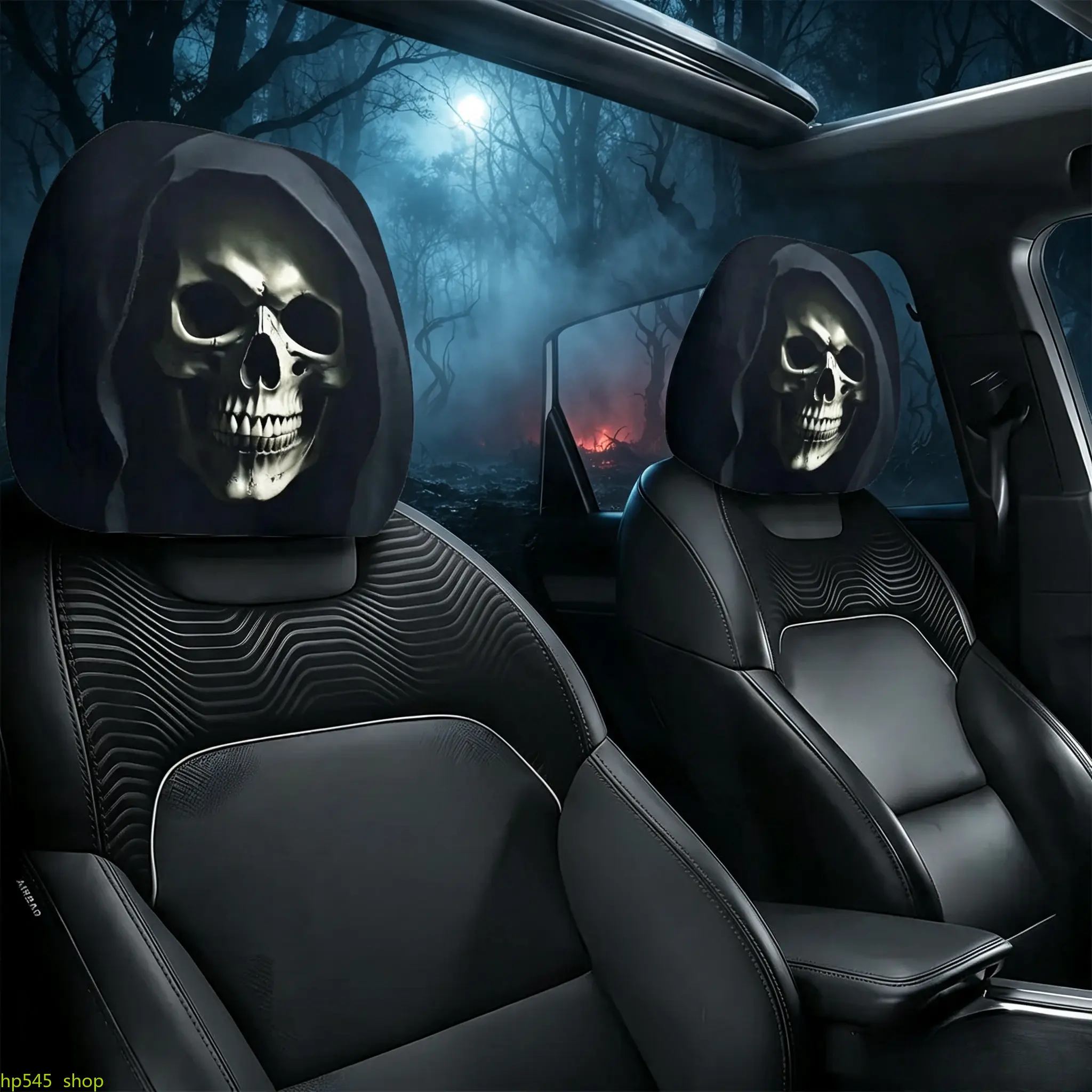Unisex 2Pcs Gothic Reaper Sickle Printed Fabric Car Headrest Cover Set - Black And White Skull Print Vehicle Head Pillow Protector, Grim Reaper Shawl Cape & Scythe Pattern, Universal Fit, Cool Car Interior Decor, Holiday Deco backtoschool