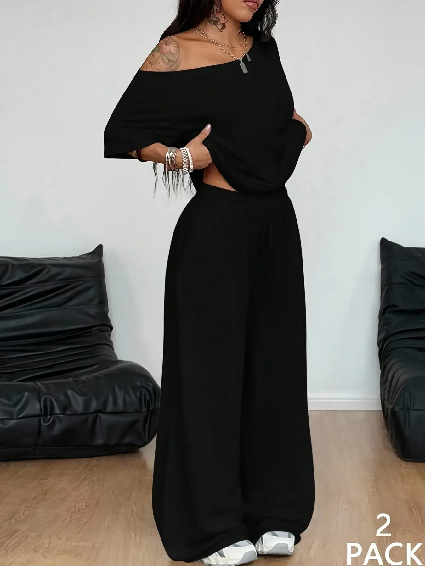Women's Summer Streetwear Basic, Minimalist Comfortable Fit One Shoulder Top & Wide Leg Solid Pants Set, Casual Loungewear Set Home Wear or Outdoor Leisure, Matching Outfits Set