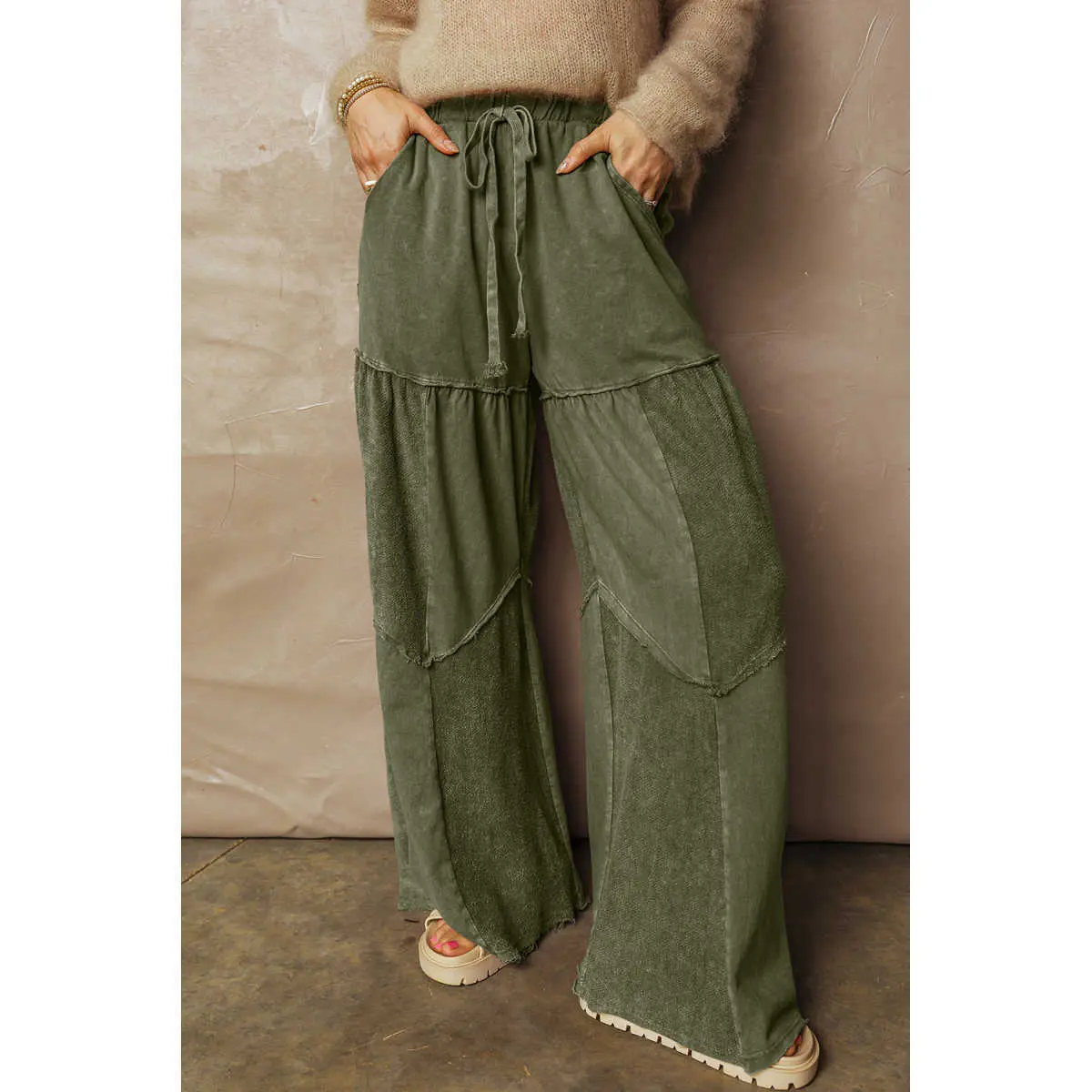 Women's Vineyard Green Mineral Wash Tiered Wide Leg Patchwork Drawstring Pants, Mineral Wash Elastic Drawstring Waist, Baggy, Fit