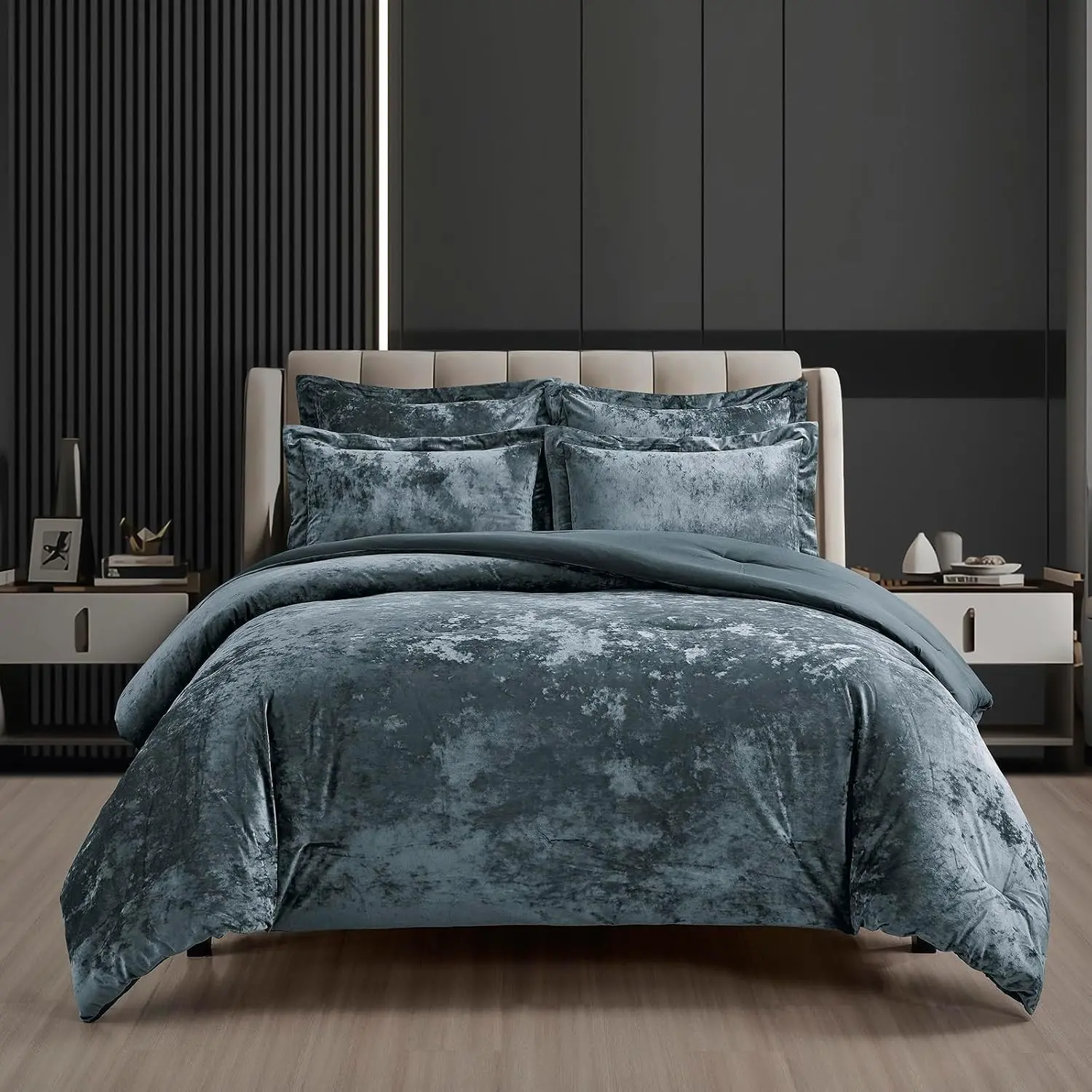 Distressed Velvet Comforter Set, 5 Pieces Smoke Blue King, Distressed Velvet Face and Brushed Microfiber Reverse