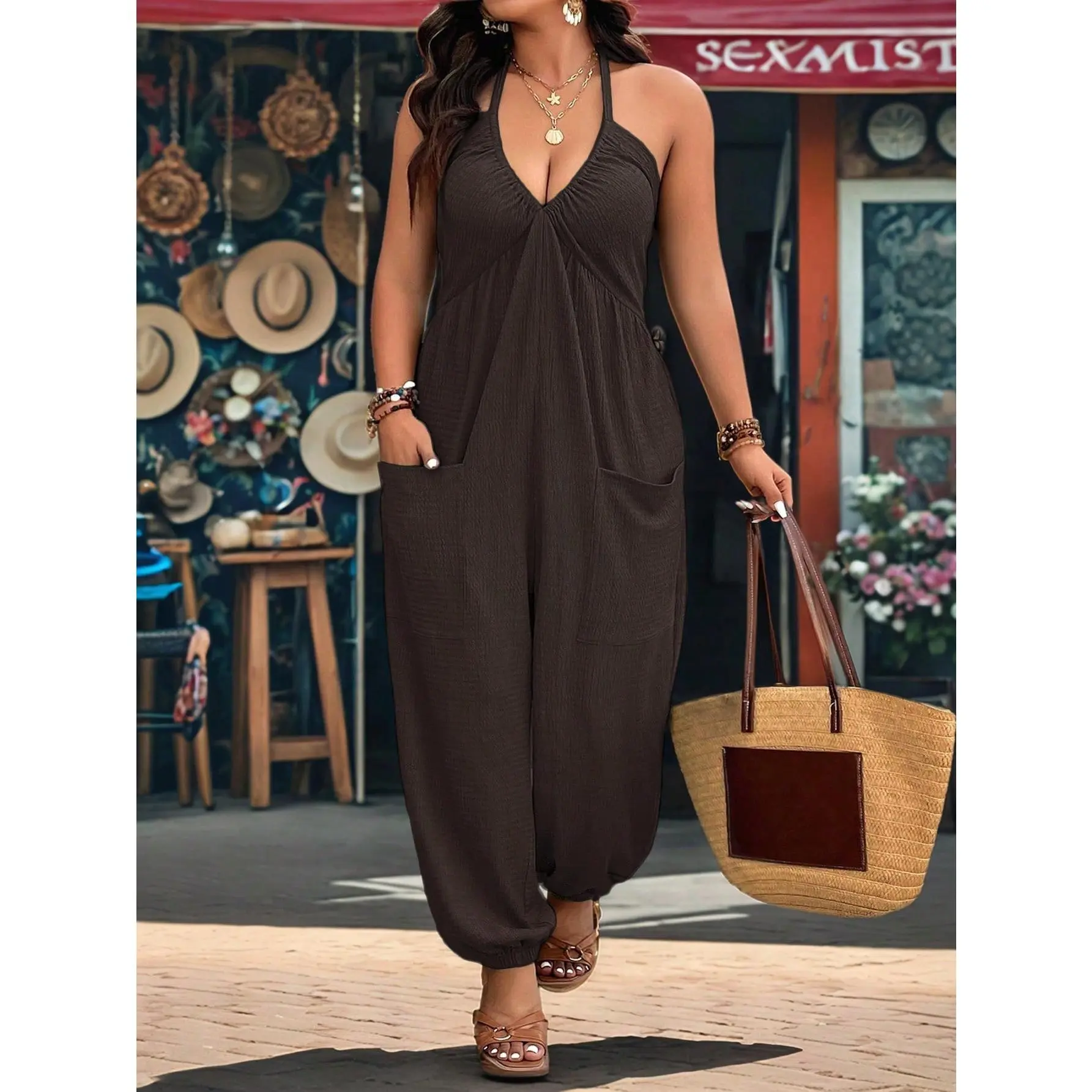 Plus Size V-Neck Pocketed Drawstring Jumpsuit, Textured Fabric For Casual, Home, Holiday Wear Brown Jumpsuit Halter Jumpsuit Sleeveless Jumpsuit Casual Jumpsuit Brown Halter Jumpsuit
