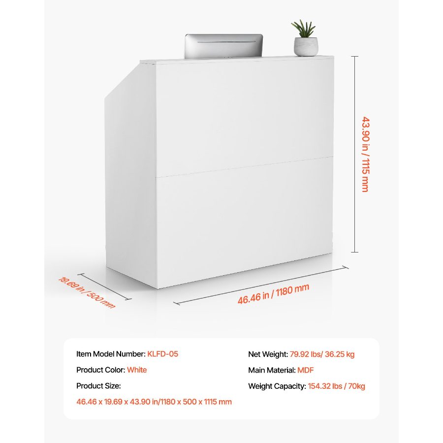 VEVOR Reception Desk, 46 Inch Rectangular Front Counter Table, Office Reception Desk, Retail Counter and Front Reception Counter, for Checkout, Lobby, Beauty Salon and Office, White