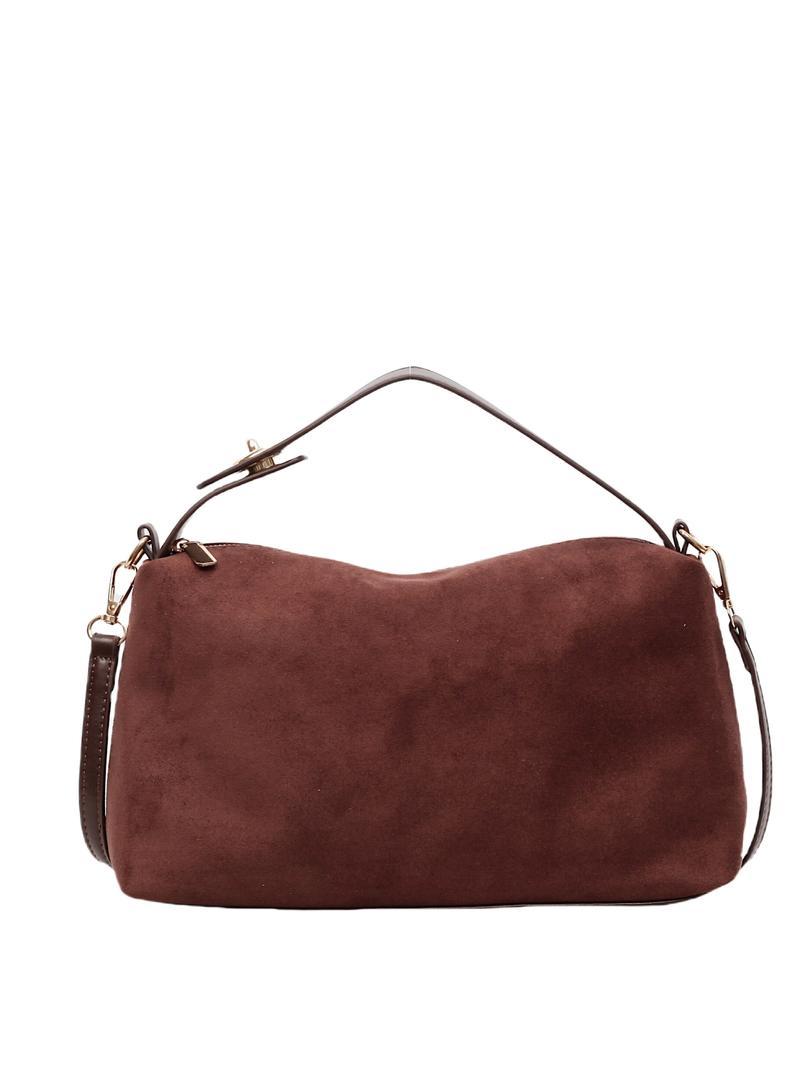 American Minimalist Vintage Suede Top-Handle Bag, Zipper Closure, Versatile Daily Handbag for Work & Casual