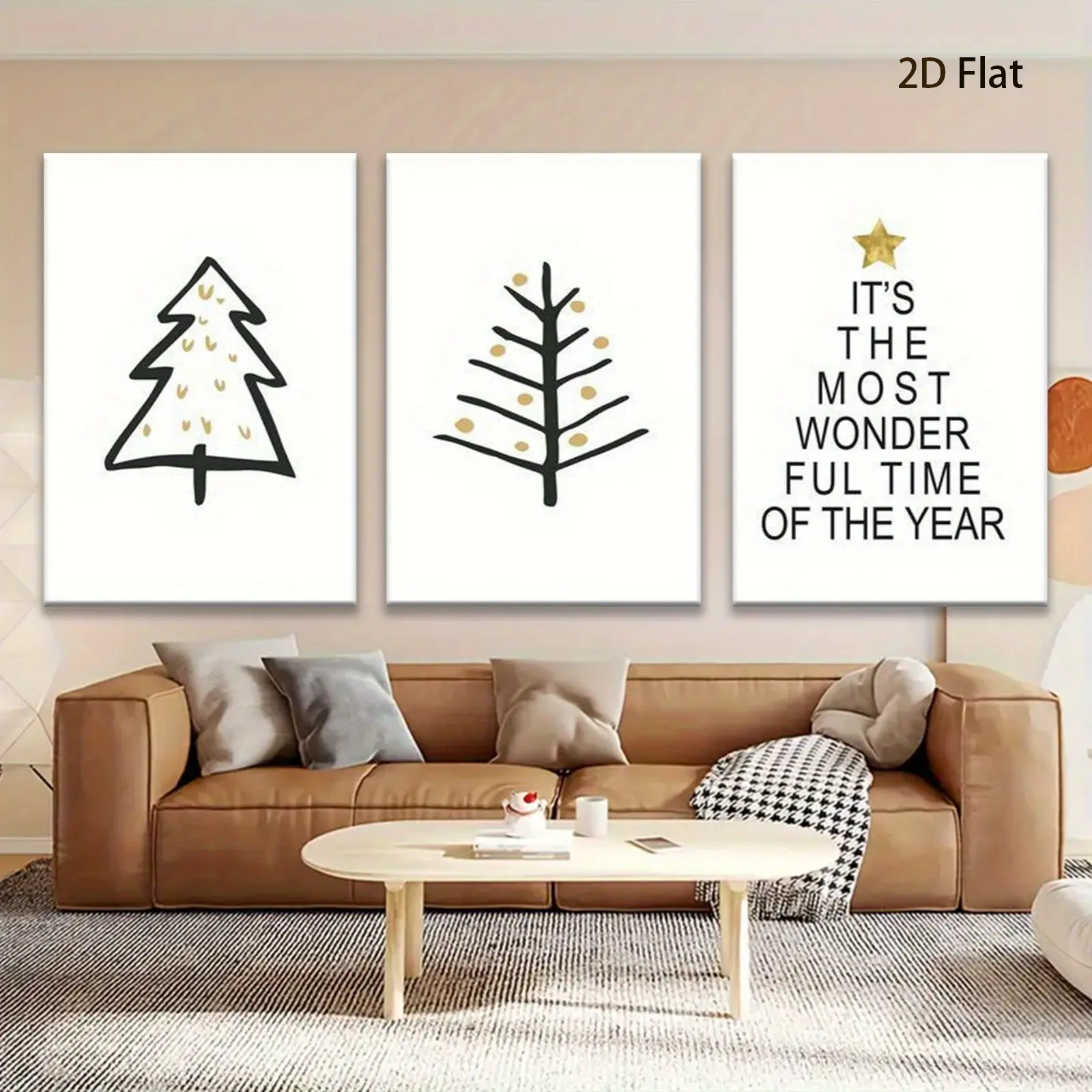 2D Flat Printing, Set of 3 Minimalist Christmas Tree Wrapped Canvas, hangable waterproof artwork for home decoration, suitable for home, office, kitchen, bathroom and bedroom, an ideal gift choice for holidays.