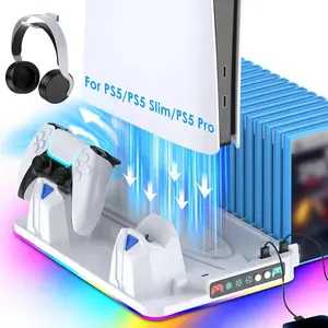 Ps5/slim/pro Stand and Cooling Station, Dual Controller Charging Station, Ps5 Controller Charger, Cooling Fan, Game Storage, Headset Holder