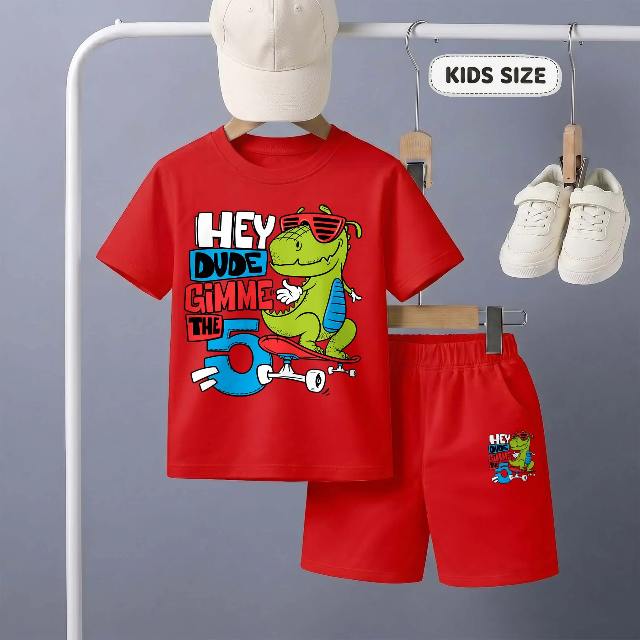 Kids’ Hey Dude Gimme The 5” Skateboard Dinosaur Print Short-Sleeve T-Shirt And Shorts Set—Casual Summer Kids' Clothing. This Round-Neck Outfit Combination Is Perfect For Everyday Wear And Outdoor Play.