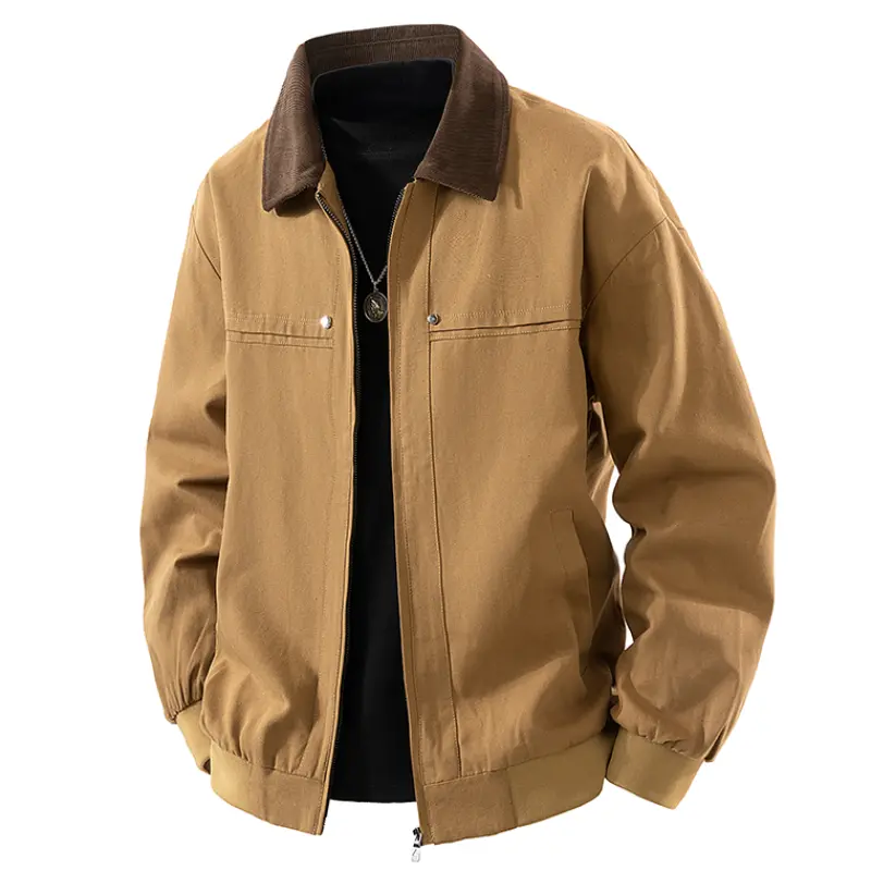 Men's Vintage 100% Cotton Workwear Bomber Jacket Coat - Long Sleeve Menswear Top, Corduroy Contrast Collar, Full Zipper Closure, Chest Snap Pockets, Ribbed Cuffs & Hem, Loose-Fit Sturdy Plain Foldable Retro Outerwear for Commute, Street Looks, Coats, Jack