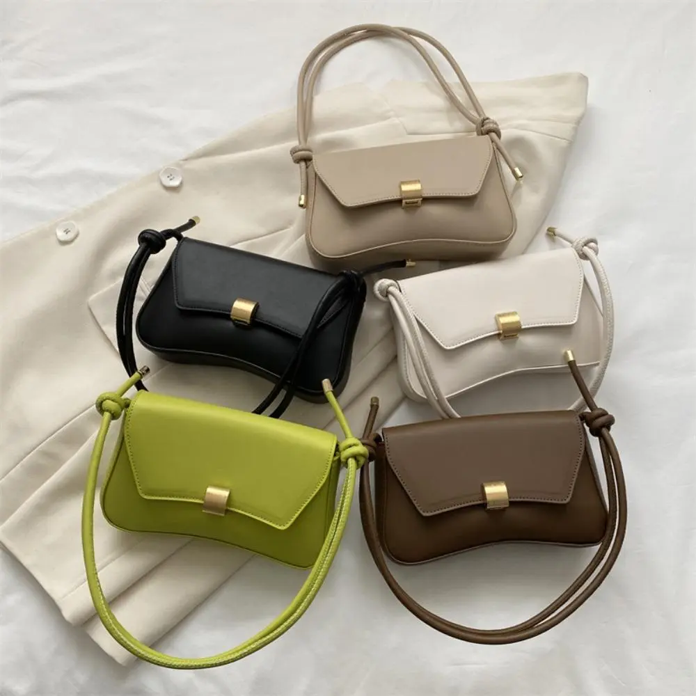 Women's Chic Shoulder Bag, Minimalist Curved Faux Leather Baguette with Knotted Strap and Gold Lock, Purse Shoulder Bag