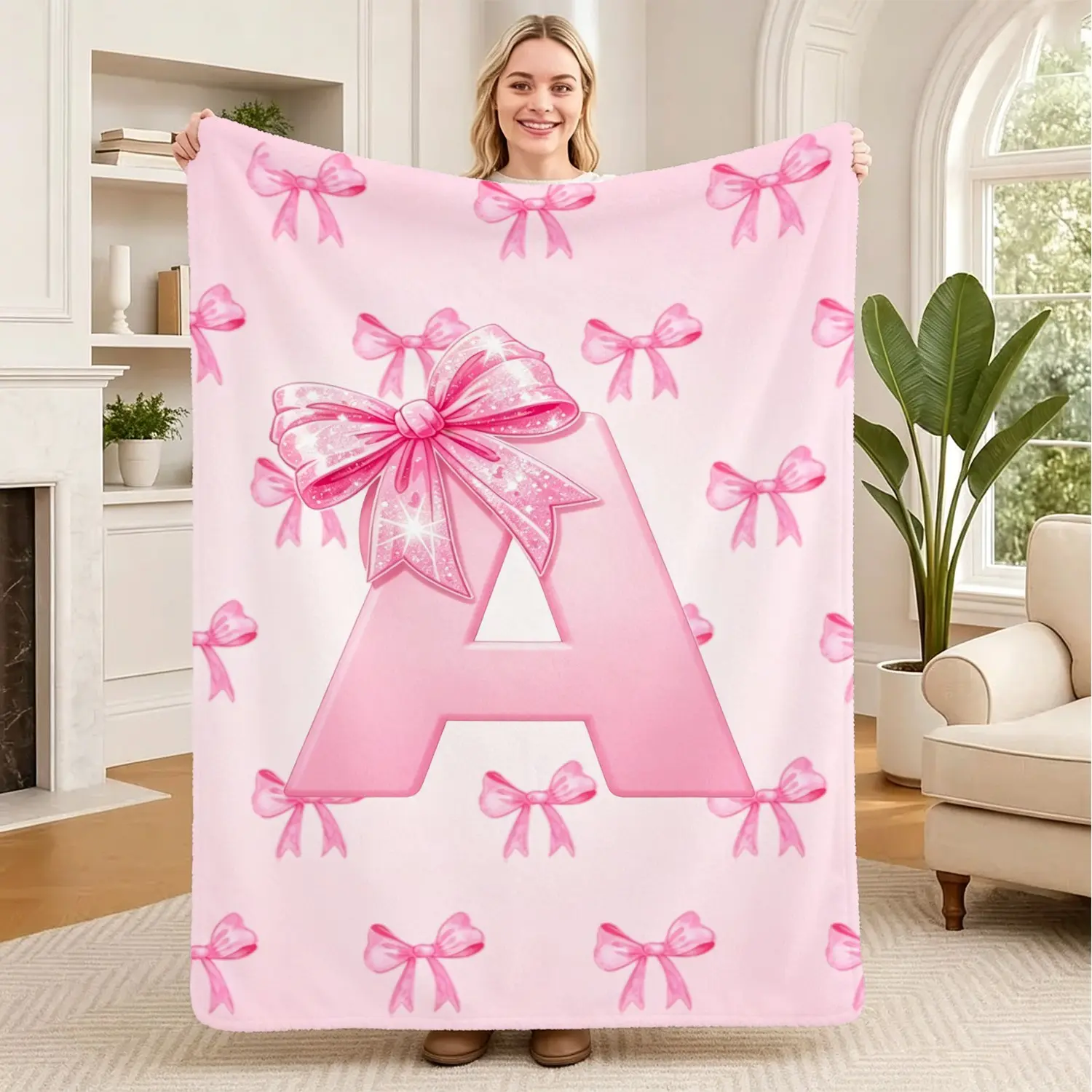 Pink Letter Bow Pattern Printed Blanket, Sweet Girlish Style, Soft Fluffy Flannel, Comfortable Home Decoration Gift, Suitable For Camping, Travel, Office Nap, Soft Lightweight Warm, All Seasons, Blanket For Daughters