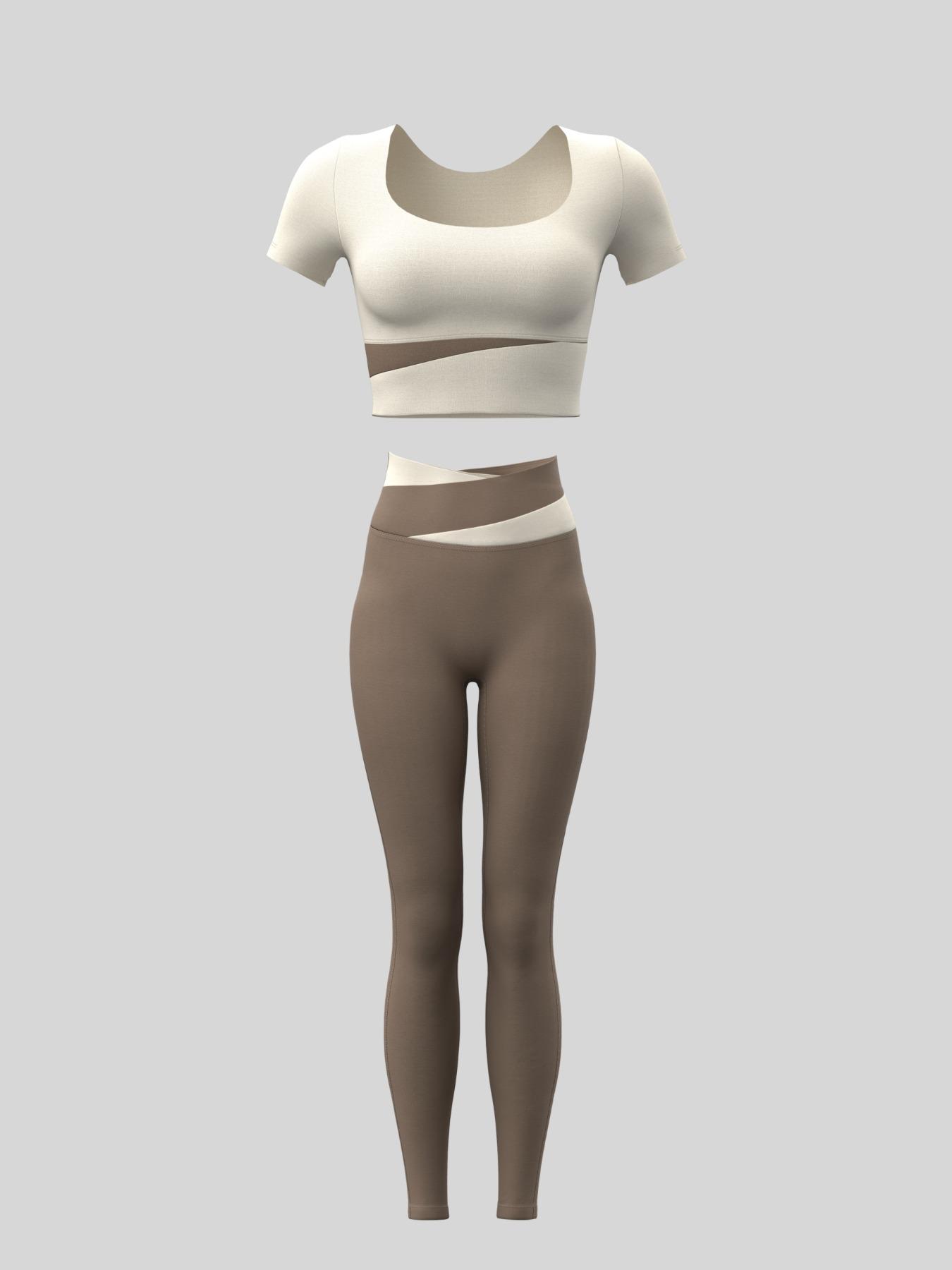 Women's Colorblock Crop Tee & High Waist Leggings Tracksuit Set, Sporty Breathable Comfy Outfits for Yoga Gym Workout Running Clothes, Ladies Sportswear for All Seasons