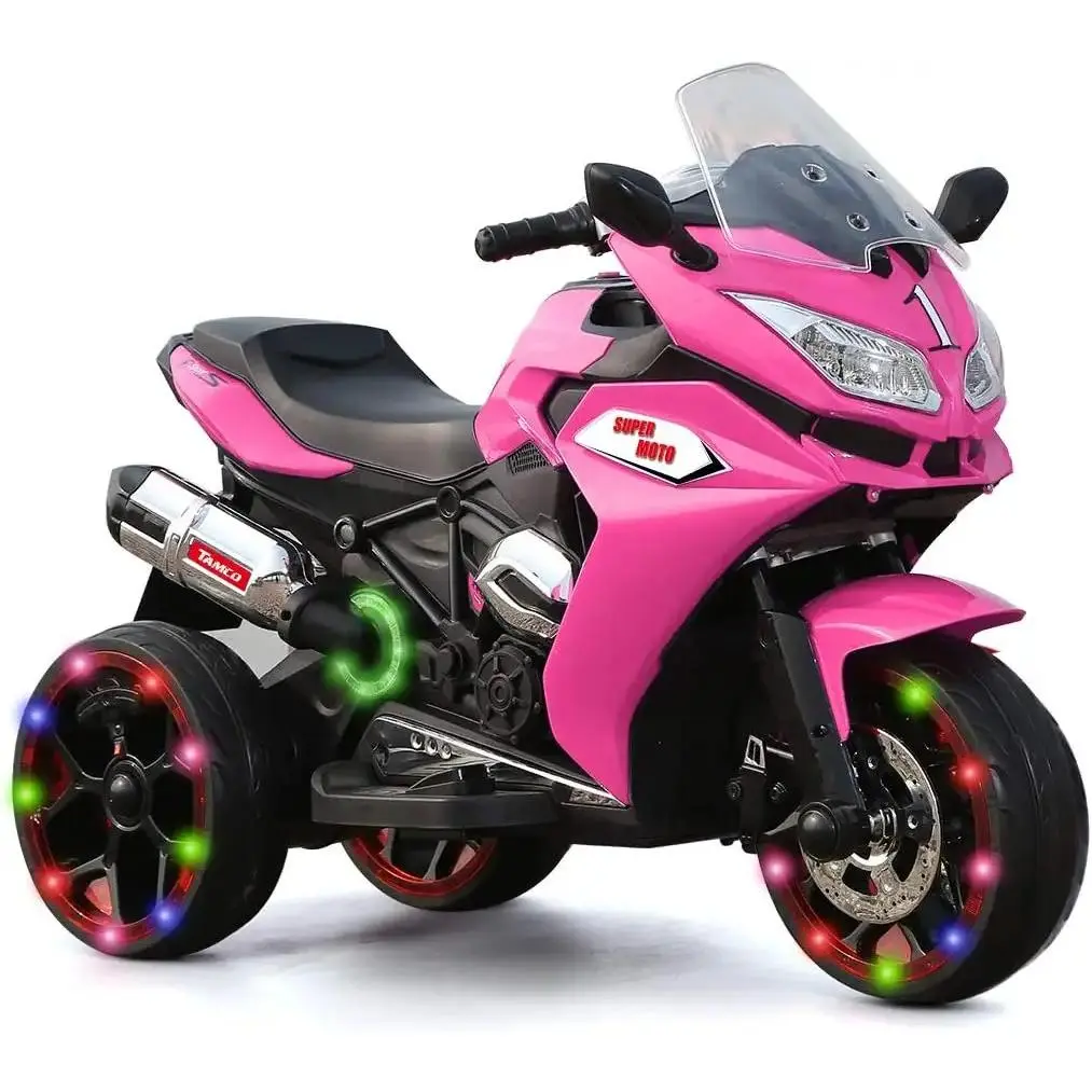 12V Kids Ride On Motorcycle - 3-Wheel Electric Motorcycle for Boys & Girls with LED Lights, MP3, and Safe Design - Gift for 3-8 Years Old (Pink+ Plastic+ 50-99 pounds) Pink, Holidays, Birthdays, Yes, Anti-Slip Grips, Battery Powered, Ages 3-8
