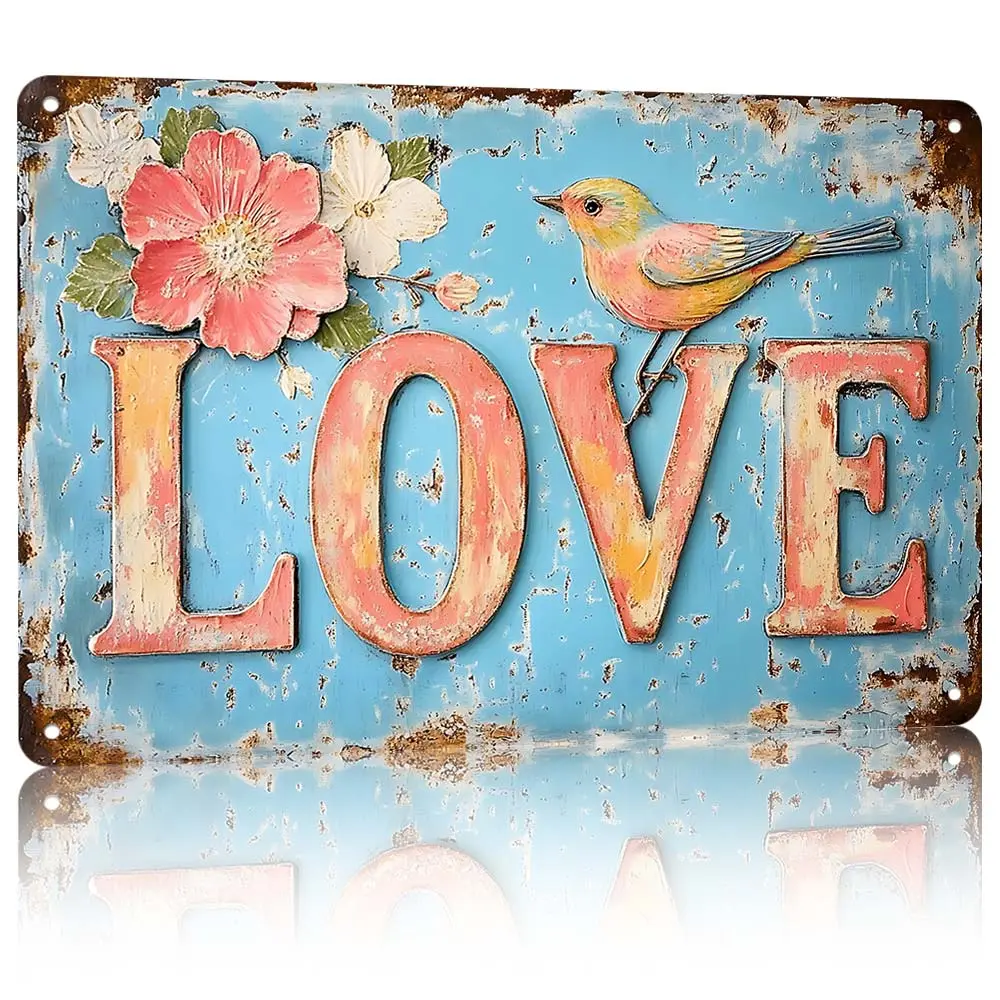 Lightweight Shabby Chic Floral Bird LOVE Text Painted Aluminum Wall Sign, 12×8in Colorful Weathered Blue Background Decor Plaque for Girlfriend’s Cottage Room, Indoor Outdoor Wall Hanging Decor