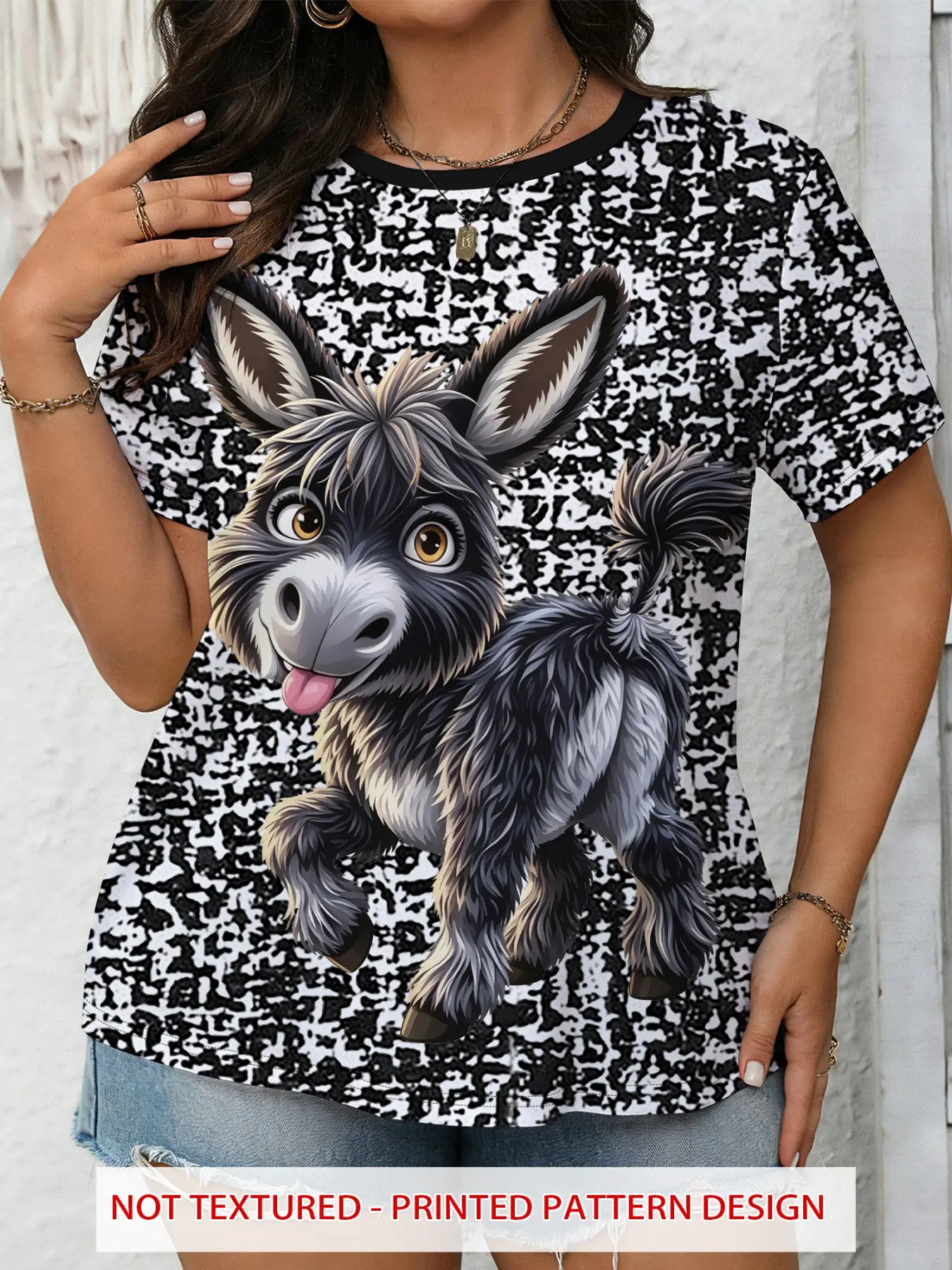 Cute Cartoon Donkey Print T-Shirt, Soft Plush Texture, Skin-Friendly Base, Round Neck, Short Sleeve, Casual Women's Top