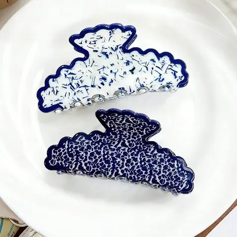 2pcs Vintage Elegant Acetate Wave Edge Hair Claw Clips, Boho Hair Accessories, Blue and Porcelain Pattern, All Seasons, Hairclips