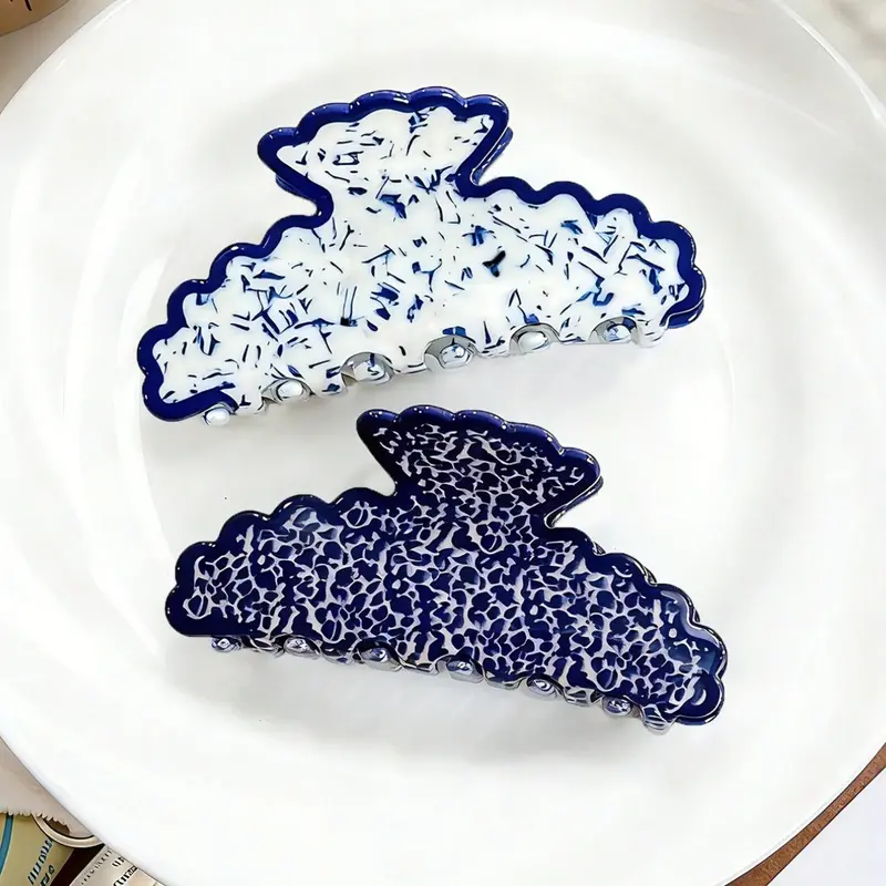 2pcs Vintage Elegant Acetate Wave Edge Hair Claw Clips, Boho Hair Accessories, Blue and Porcelain Pattern, All Seasons, Hairclips