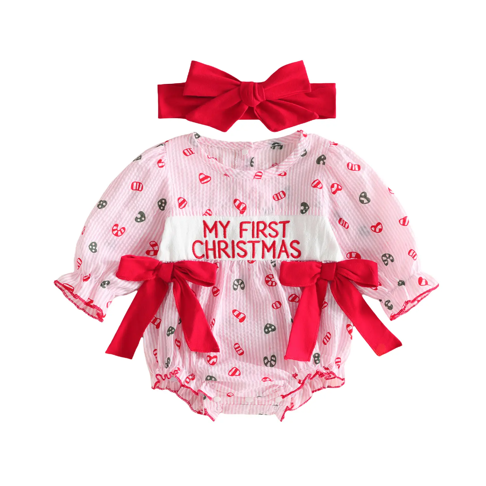 Infant Baby Girl Christmas Striped Romper Long Sleeve Jumpsuit with Headband Fall Winter 0-18 Months