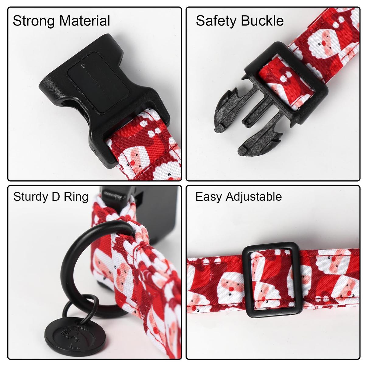 Christmas Cotton Dog Collar Red Santa Claus Design Durable Holiday Pet Collars for Medium Large Dogs with Quick-Release Buckle and D-Ring - Harnesses
