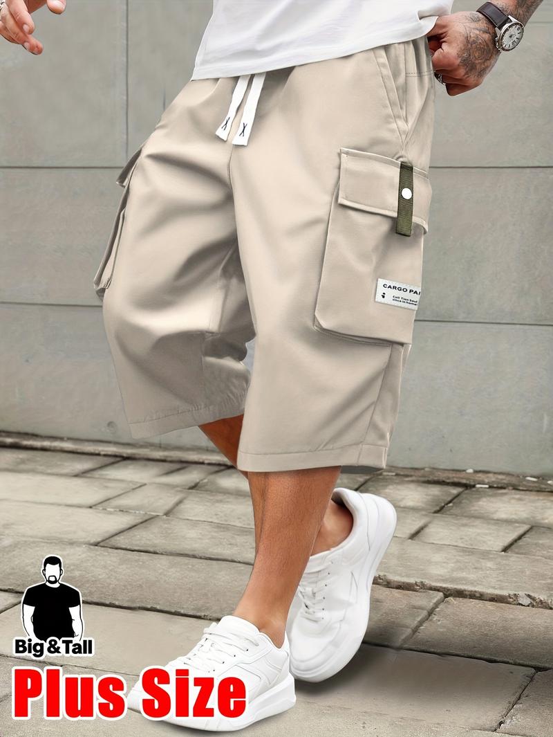 Men'S Plus Size Summer Lightweight Cargo Pants - Casual Cargo Style with Drawstring Waist, Large Pockets & Letter Patch, Solid Color Regular Fit for Casual Attire & Outdoor Activities, PLUS SIZE