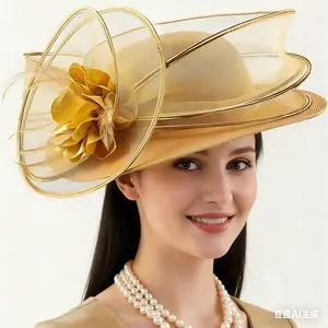Women's Exaggerated Mesh Fascinator Hat Large Brim Sunshade Church Hat for Wedding Kentucky Derby Tea Party