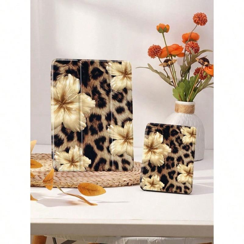 Leopard Print Floral iPad Case, Built-in Pencil Slot Adjustable Stand Auto Sleep/Wake, Lightweight Durable Soft Edge for iPad 10th/11th Gen/A16/Air 13/11-inch/Pro 11-inch/2025 & Galaxy Tab S9 FE+ 12.4-inch, Unisex Back-to-School Valentine’s Day Gift