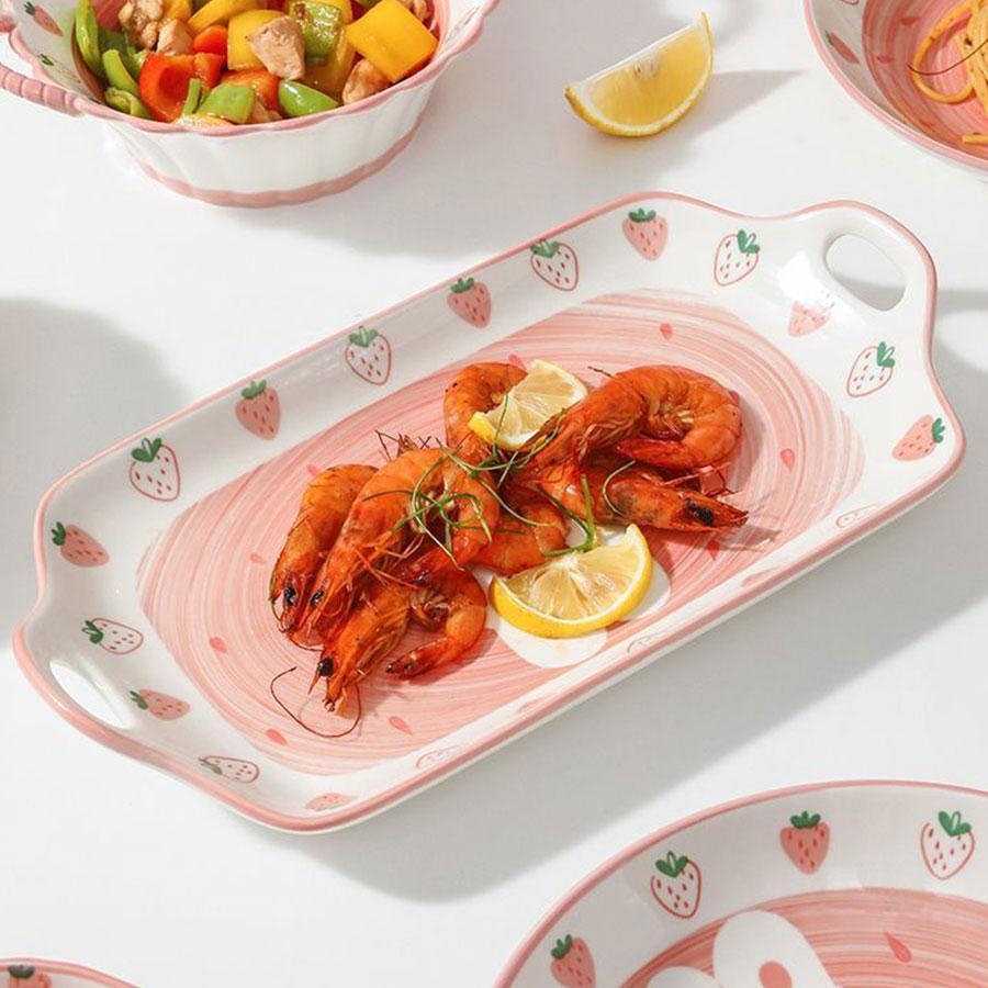 Strawberry Pattern Ceramic Plate, Cute Strawberry Pattern Baking Plate, Household Dinner Plate, Fruit Plate, Kitchenware