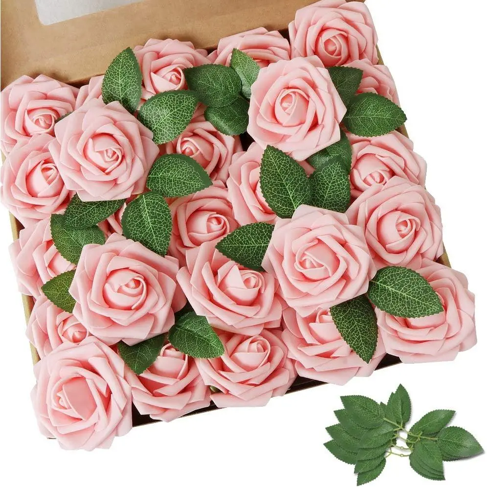 25pcs Artificial Roses Suitable for Wedding Bouquets, Baby Showers & Christmas Decorations - Peach Pink Foam Roses with Stems, Plastic Fake Flowers for DIY Centerpieces, Home Party Decor, Suitable for Wedding, Baby Shower, Centerpieces Home Deocr