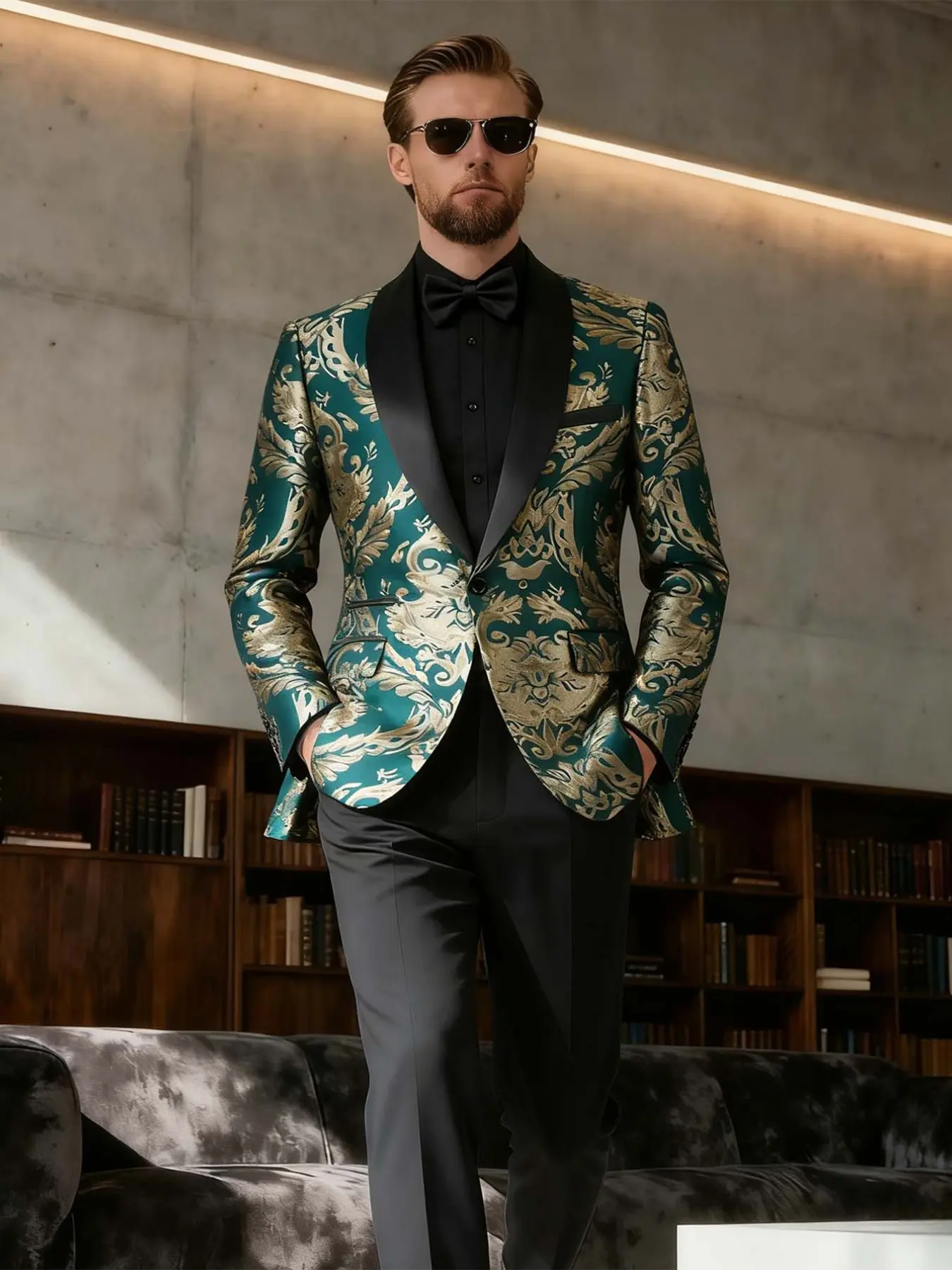 Men's Embroidered Formal Suit, Vintage Luxury Style, Satin Notch Lapel, Wrinkle-Resistant Fabric, Ideal for Weddings, Parties, Evening Events, Print