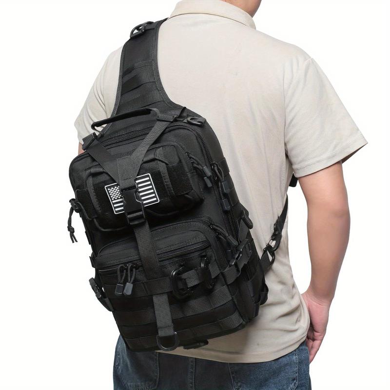 Versatile Black Tactical Shoulder Bag with Silicone Flag & 2 D-Ring Attachments - Durable Nylon, Multiple Pockets, Ideal for Outdoor Activities, Hunting, Fishing, Backpacks