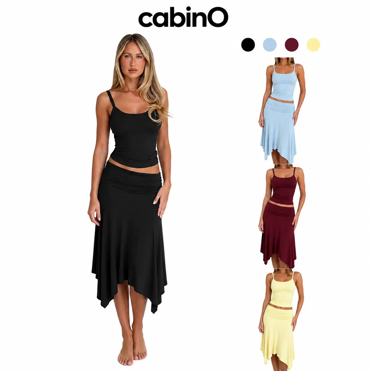 Cabino Women’s Black Two-Piece Skirt Set, Sleeveless Spaghetti-Strap Fitted Crop Top and Flowy Asymmetric-Hem Midi Skirt Outfit for Summer Vacation, Resort, Date Night and Casual Party Wear