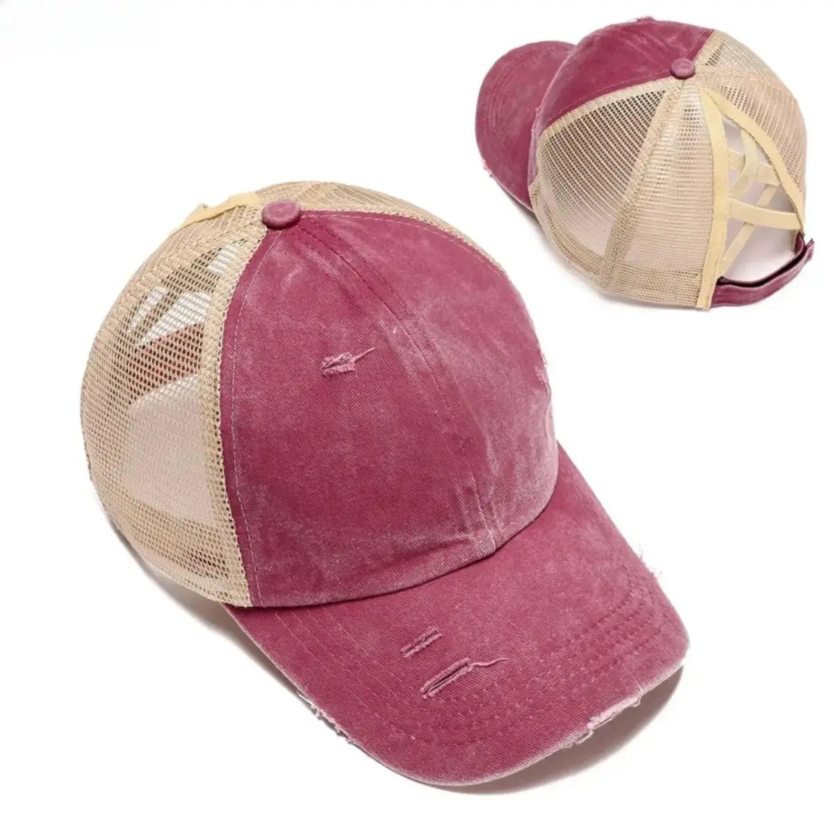 Unisex Distressed Washed Ponytail Baseball Cap, Adjustable Breathable Mesh Back Sun Hat for Outdoor Daily Wear
