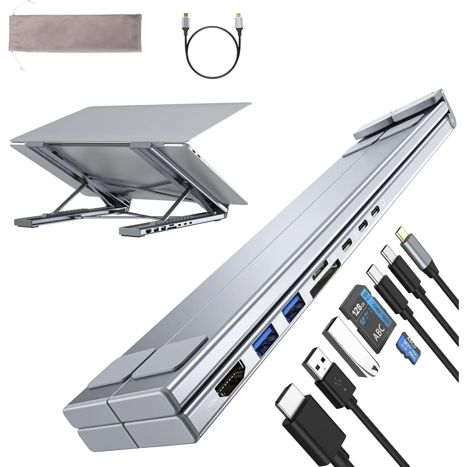 Laptop Stand with Docking Station, 8 in 1 USB C Hub HDMI Portable Laptop Stand for Desk with USB Ports, Multiport USBC Dock Stands Foldable Adjustable Computer Riser Holder Dongle for MacBook