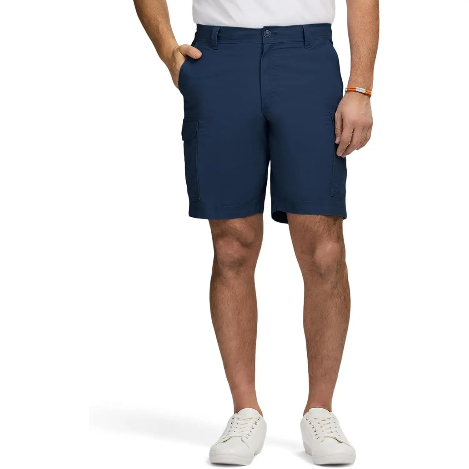 Izod Men's Saltwater Cargo Shorts - Menswear Contrast Stitch, Striped Detail, Embroidery Accent, Button Closure, Pigment Dyed, Functional Pockets, Logo Above Back Right Pocket
