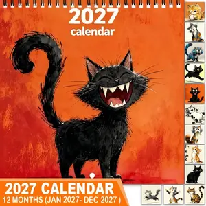 The 2027 12-month wall calendar is made of thick copper paper, printed double-sided with a spiral binding, featuring cute and funny cats. It's perfect for home or office use and makes a great Christmas or New Year gift, adding a nice decorative touch.