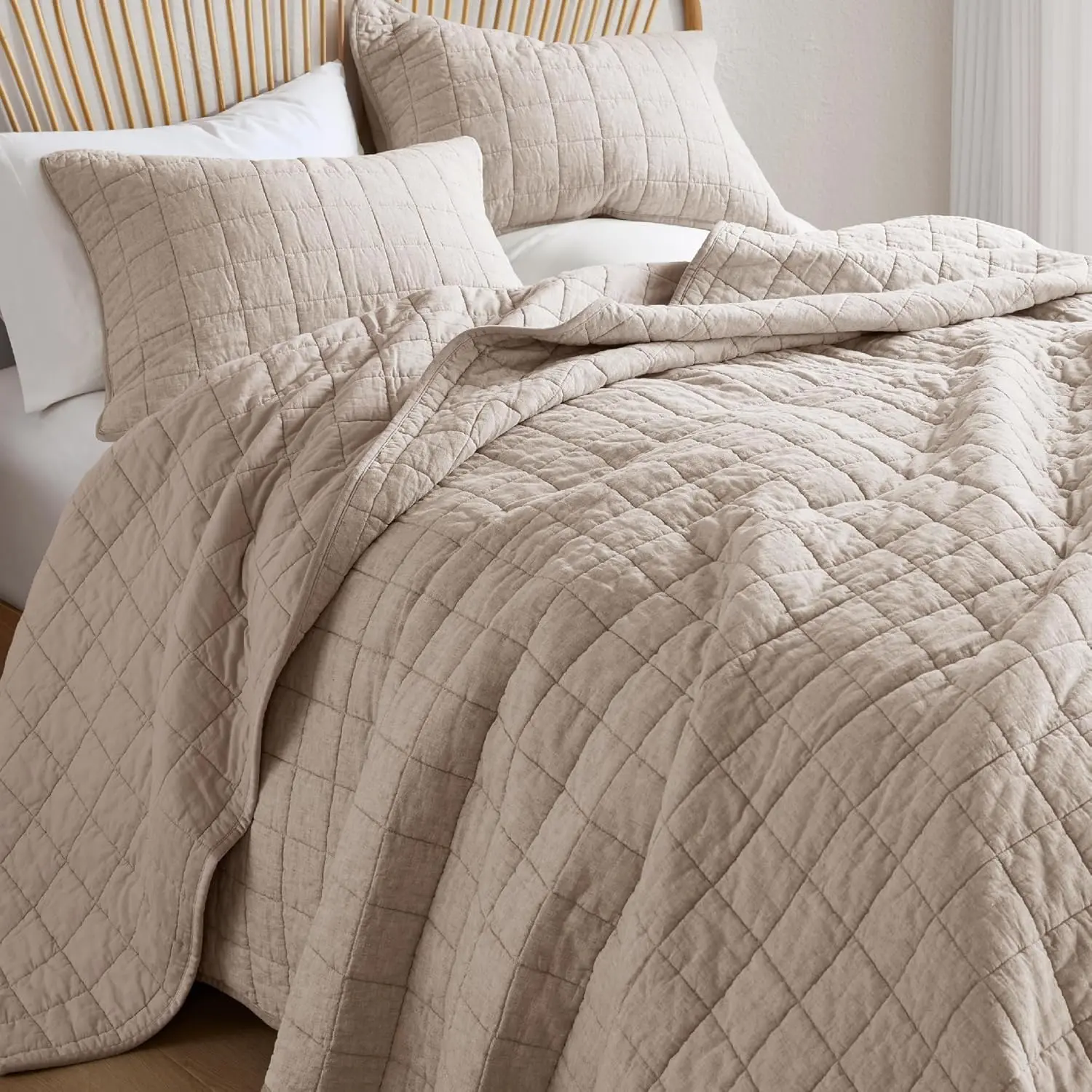 Linen Quilt Set  Size - Breathable Box Stitched European Flax Bedding Set for Bedspread and Coverlet, with 2 Pillow Shams, 90"x96", Linen