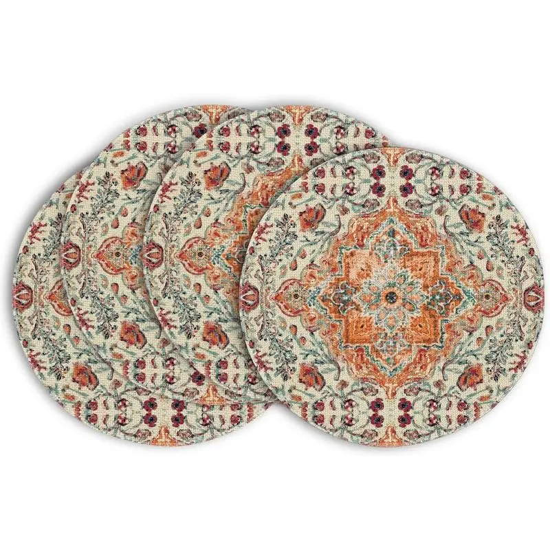 Set of 4 Boho Round Placemats, 14 Inch |   Orange & Teal Floral Table Mats for Kitchen Dining, Parties, Seasonal Decor & Everyday Meals