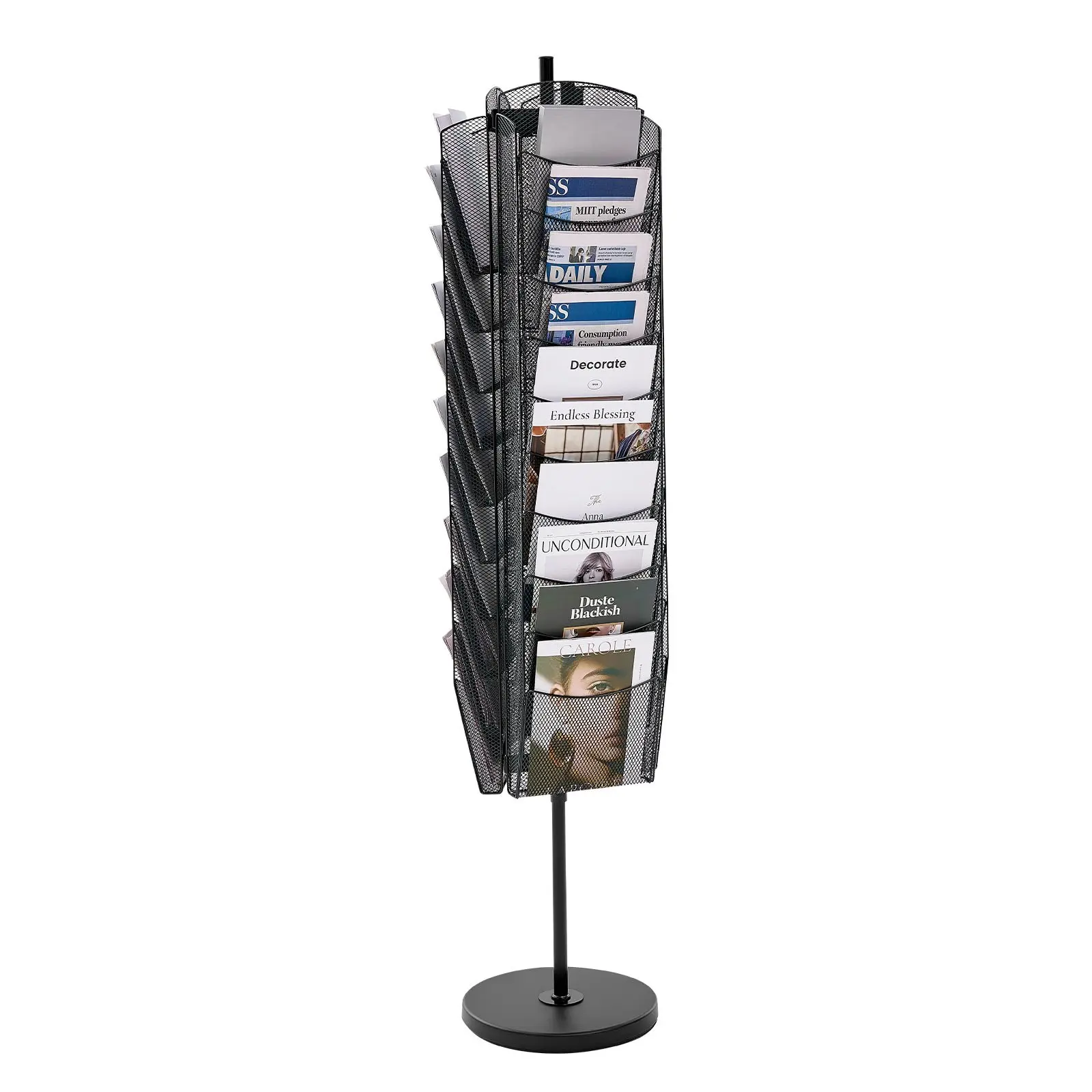 VEVOR Rotating Mesh Brochure Display Organiser Rack, 30-Pocket Metal Floor Standing Literature Holder, Portable Magazine Newspaper Catalog Stand for Shop, Office, Trade Show Exhibitions