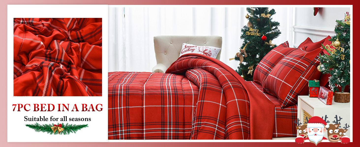 Christmas Comforter Set, 7 Pieces Bed in a Bag, Christmas Bedding Sets with Comforter, Flat Sheet, Fitted Sheet, 2 Embroidered Pillowcases, and 2 Printed Pillowcases, King