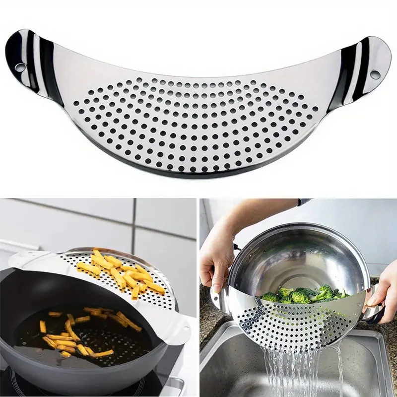 Stainless Steel Pot Strainer with Dual Handles, Adjustable Clip Design, Ideal for Pots and Frying Pans, Space-Saving Kitchen Tool