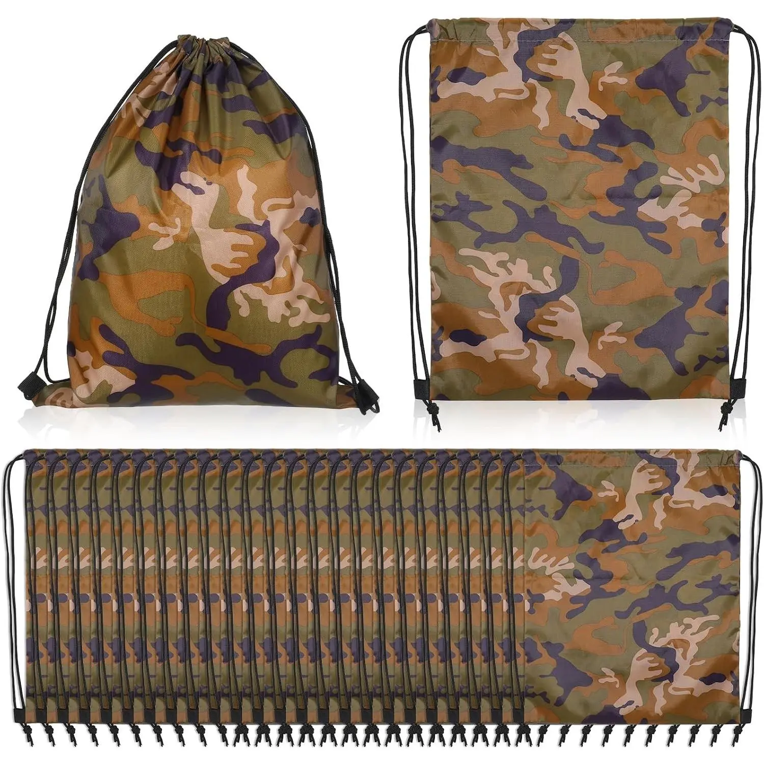 24 Pcs Bulk Large Waterproof Army Camo Camouflage Drawstring Bags
