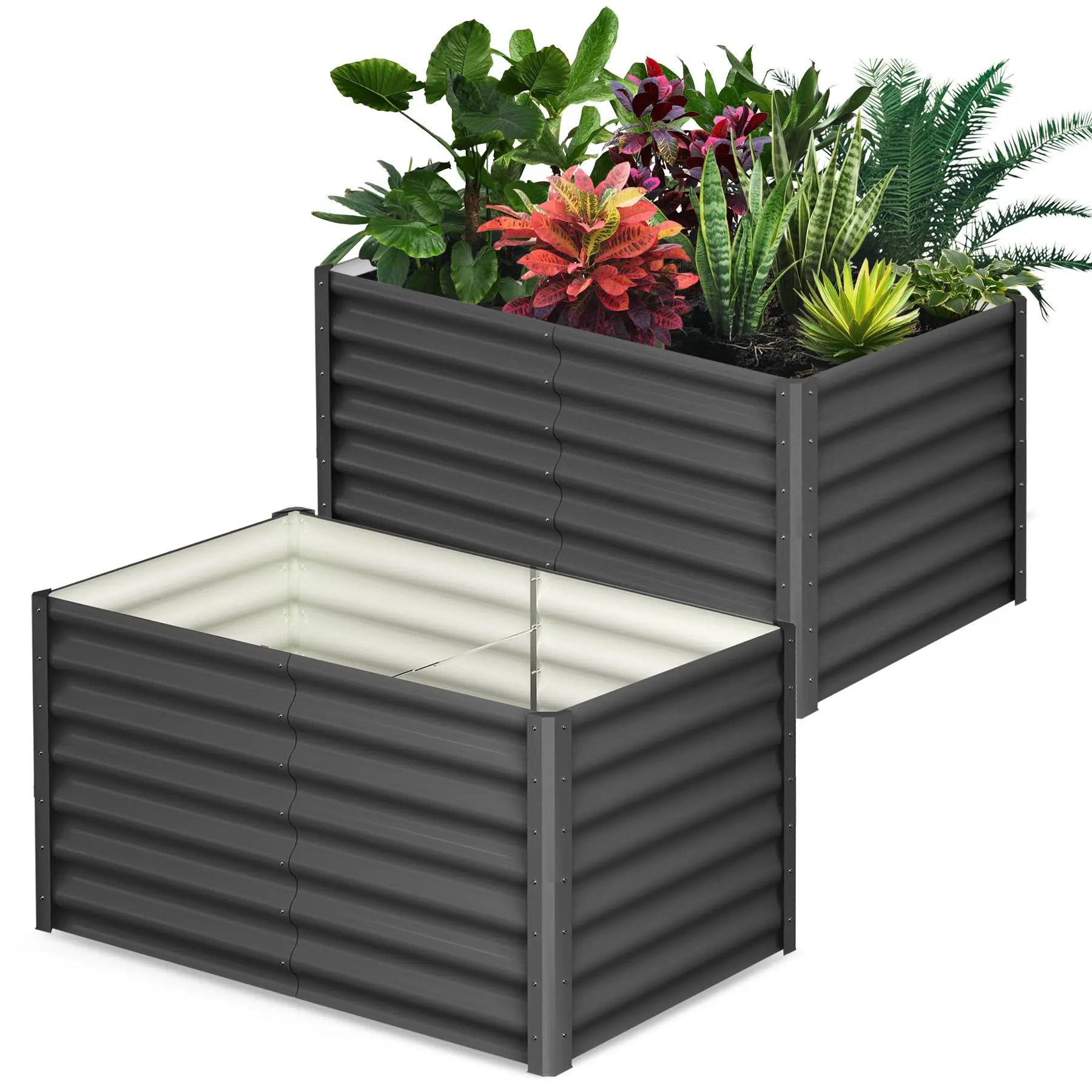 GARVEE Raised Garden Bed Set of 2, 6x3x2 ft Galvanized Raised Garden Bed, Outdoor Large Planter Raised Beds Open Base with Safety Edge and Glove for Vegetables Flowers Ground Planter, Dark Gray