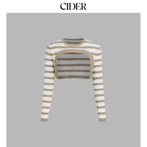 Cider [size 2-26] Round Neck Stripe Knitted Long Sleeve Crop Shrug