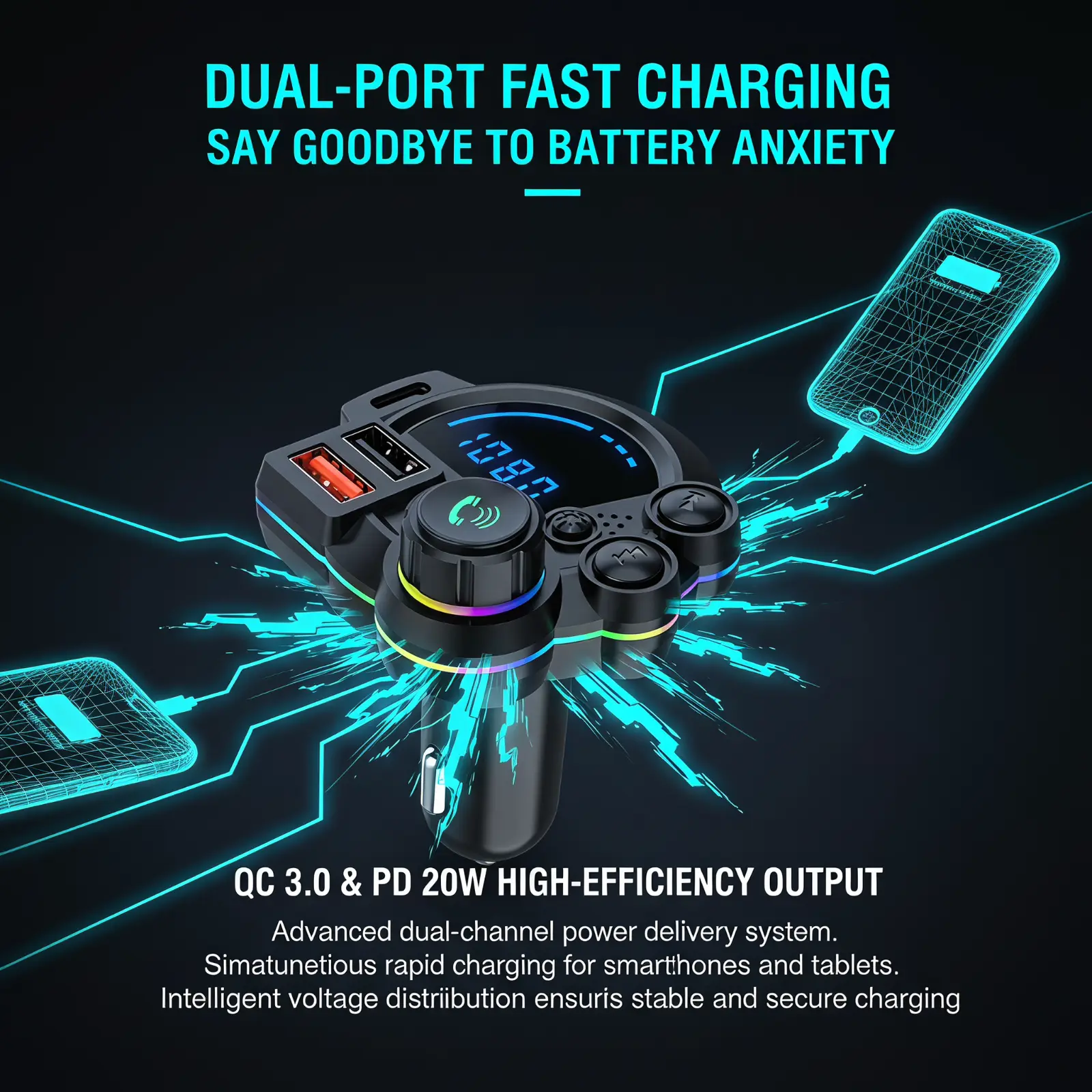 Car Bluetooth MP3 hands-free call New car FM transmitter QC3.0 + PD20W dual fast charging