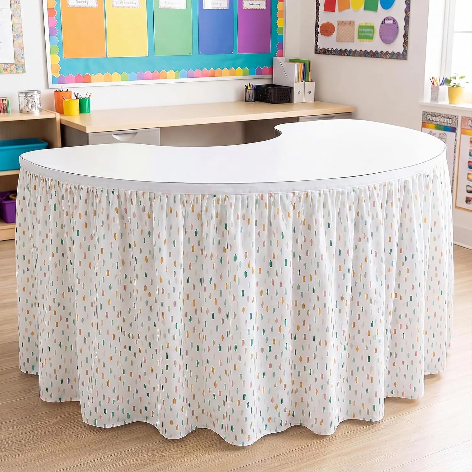 9ft Polyester Boho Dots Ruffled Teacher Desk Skirt - Lightweight Decor for Classroom, Room Decor, Back to School Office Cabinet Use