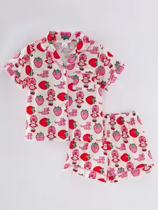 Strawberry Heart Girl Kids Pajama Set, Cartoon Print Sleepwear, Strawberry Cat Short Sleeve Shorts Two-Piece, Cute Home Wear, Summer Fresh Princess Style